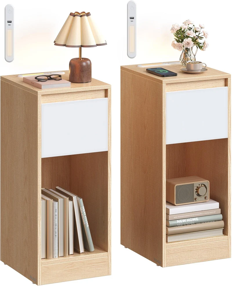 Table de chevet étroite avec éclairage LED 30 x 25 x 59,5 cm rangement pratique moderne en aggloméré jaune amande 12_0013014