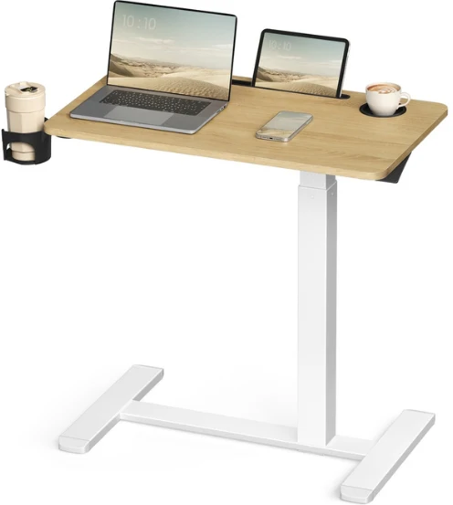 Bureau assis-debout réglable en hauteur 70 x 40 x 102 cm 2 porte-gobelets fente porte-téléphone en aggloméré blanc 12_0012511