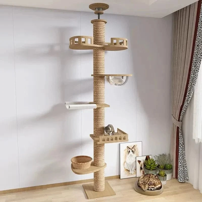 Maison d’arbre réglable chat – tour du sol au plafond avec hamac