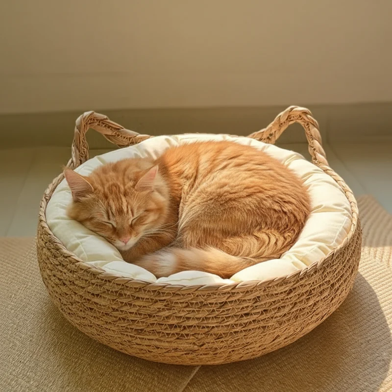 Panier pour chat tressé fait main – Osier naturel & coussin coton
