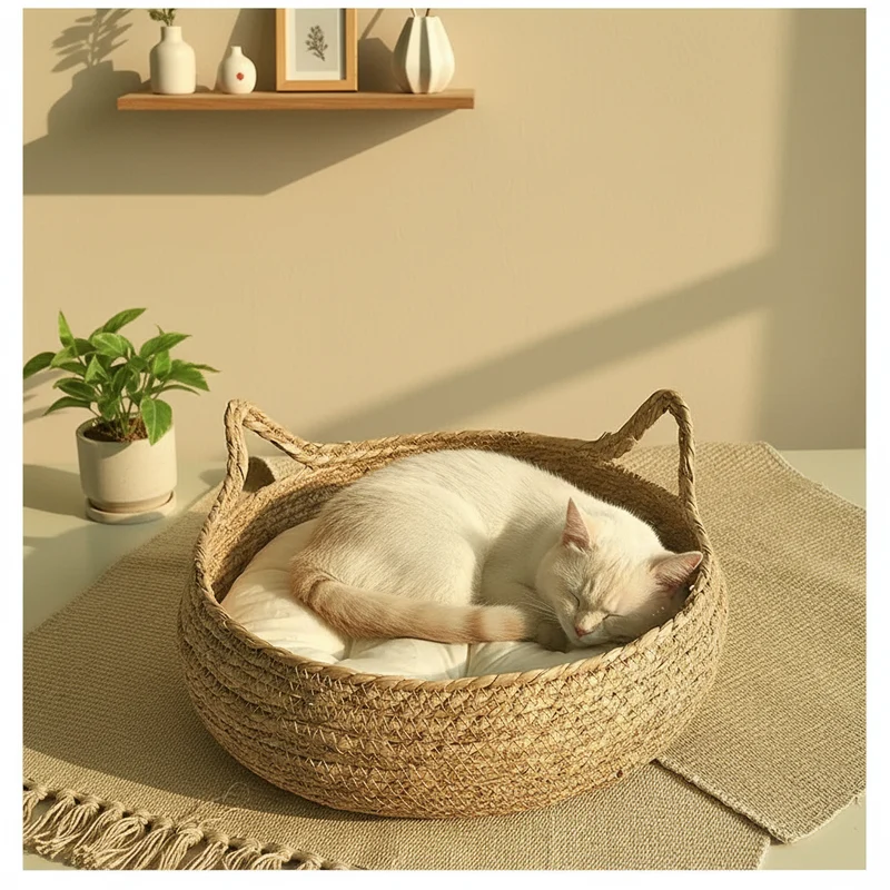 Panier pour chat tressé fait main – Osier naturel & coussin coton