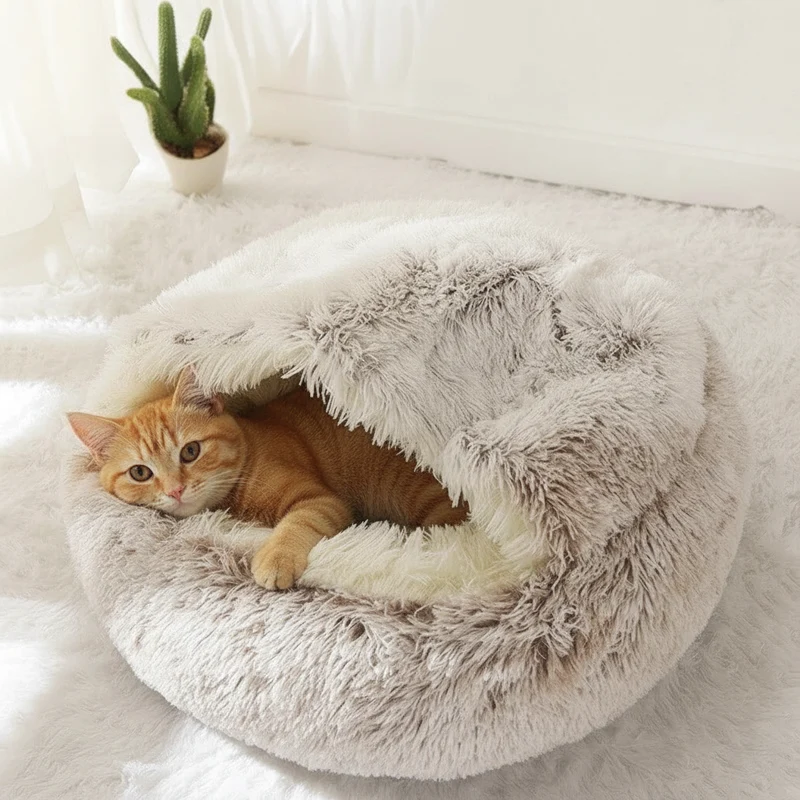 Panier pour chat semi-fermé en peluche – Nid douillet chaud