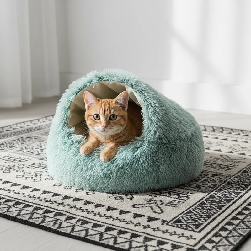 Panier pour chat semi-fermé en peluche – Nid douillet chaud