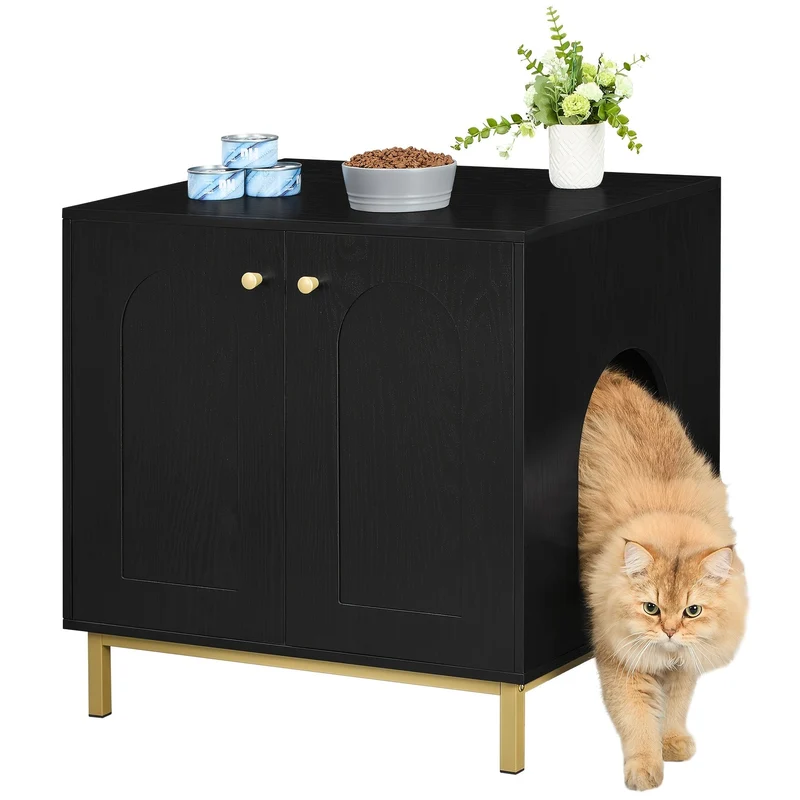 Meuble cache-litière design – armoire pour chat blanche & dorée