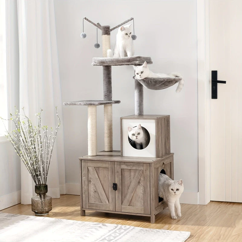 Arbre à chat 2-en-1 avec cache-litière et poteaux griffoirs – 150 cm