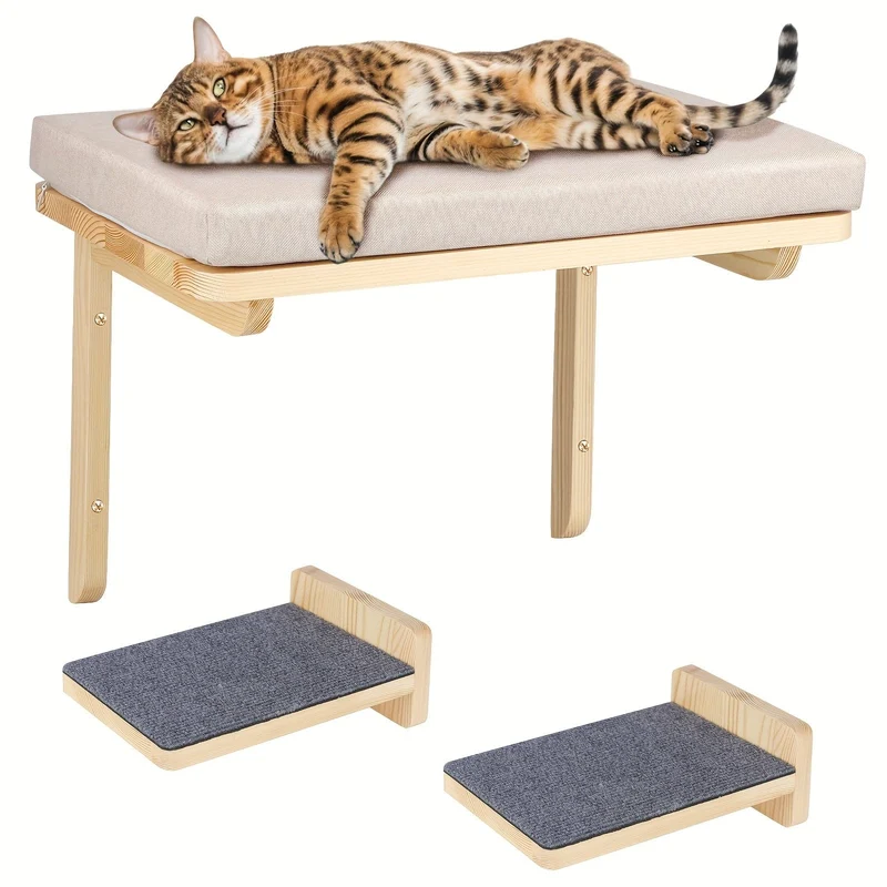 Cadre mural d'escalade pour chats avec lit, hamac et plateforme en bois