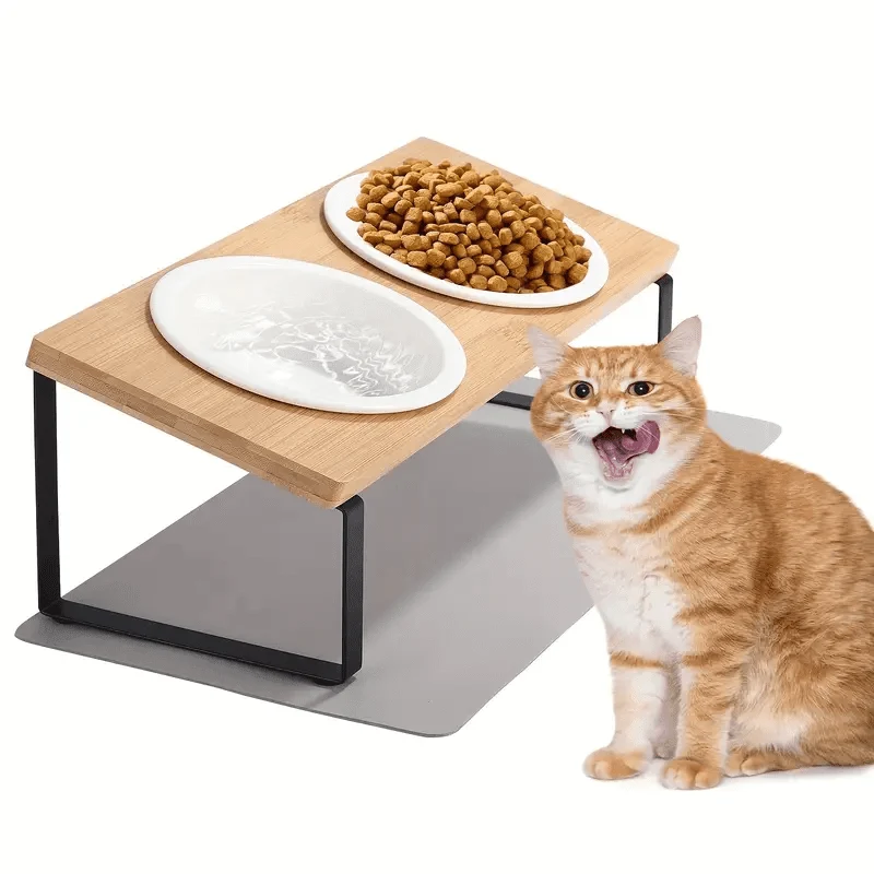 Bol surélevé incliné 15° pour chat et chien – support bambou et céramique