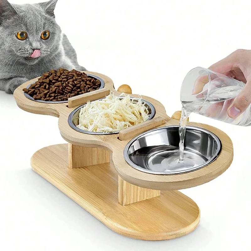 Mangeoire 3 en 1 pour chat et chiot – bols inox surélevés avec support en bois