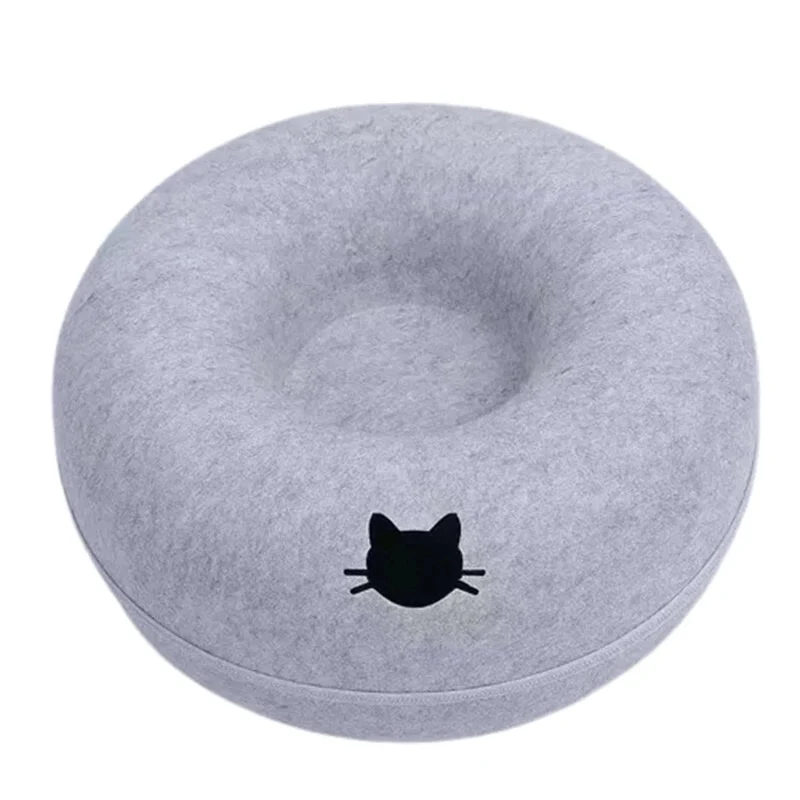 Lit beignet en feutre 2-en-1 pour chat et chien – tunnel interactif