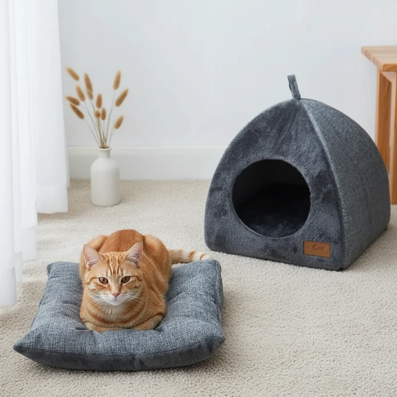 Maison pour chat triangulaire fermée en velours
