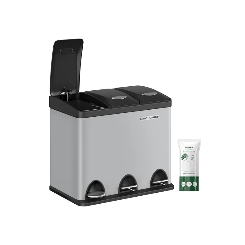 Poubelle de cuisine tri sélectif 47 x 28 x 63,5 cm 3 compartiments pratique moderne en acier gris tourterelle 12_0008440