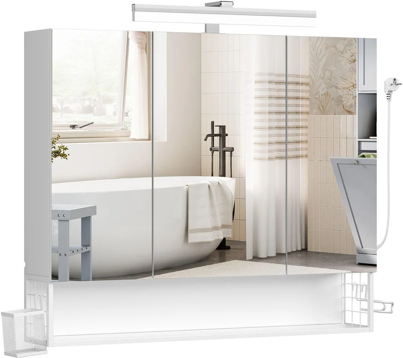 Meuble de salle de bain avec éclairage LED 16,5 x 90 x 75 cm rangement pratique style moderne en acier blanc 12_0013151