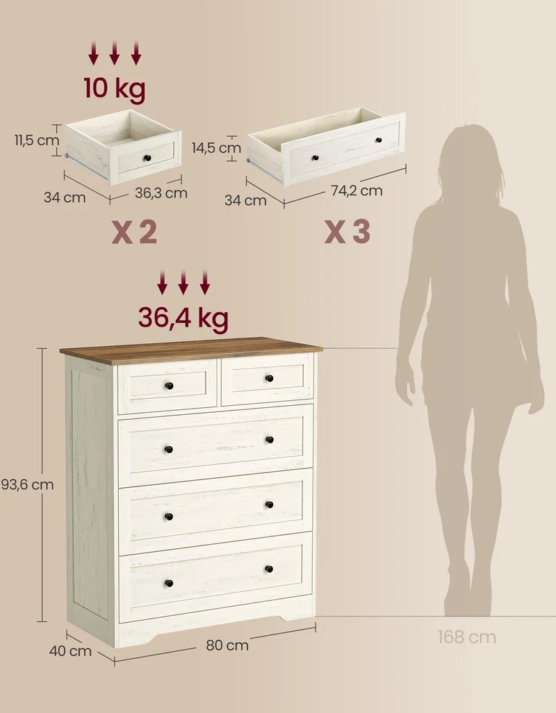Commode de rangement à tiroirs style cottage 40 x 80 x 93,6 cm ambiance cosy en aggloméré blanc rustique 12_0013081