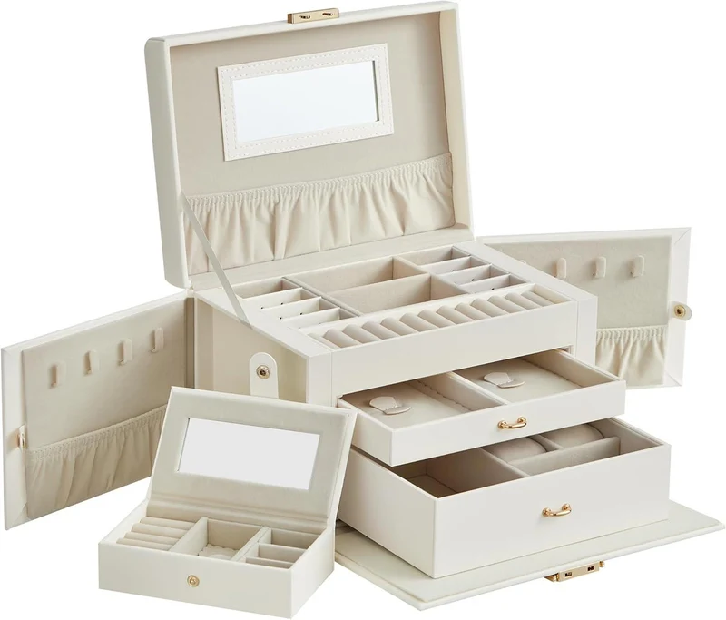 Boîte à bijoux élégante avec mini-boîte rangement 18,2 x 26 x 17,4 cm en PU blanc 12_0012552