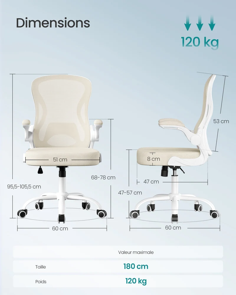 Chaise de bureau ergonomique ajustable 60 x 60 x 105 cm avec accoudoirs confortables style moderne en tissu beige 12_0012262