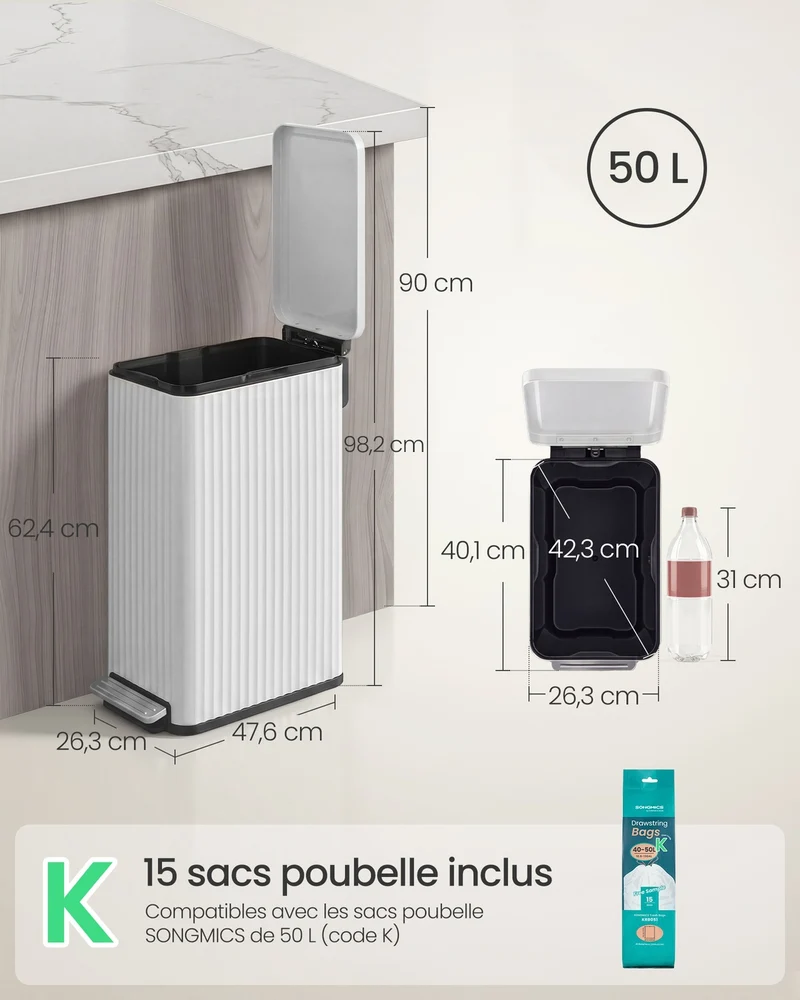 Poubelle de cuisine 50 L avec pédale et seau intérieur amovible gain de place 47,6 x 26,3 x 62,4 cm en acier blanc nuage 12_0013135