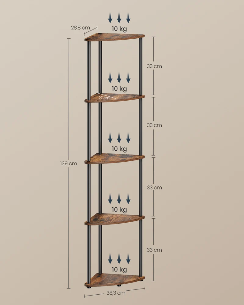 Étagère d'angle 5 niveaux rangement salon chambre cuisine 38,3 x 27 x 139 cm en aggloméré marron 12_0012931