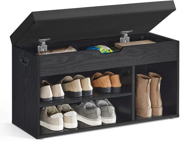 Banc à chaussures rembourré design moderne 30 x 80 x 44 cm rangement caché ambiance cosy en panneau d'aggloméré noir boisé 12_0011888