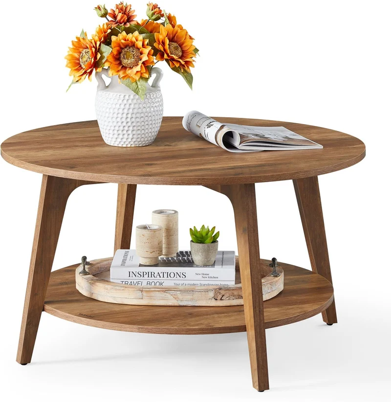 Table basse ronde design contemporain salon 80 x 45 cm capacité 30 kg en panneau MDF marron miel 12_0011516
