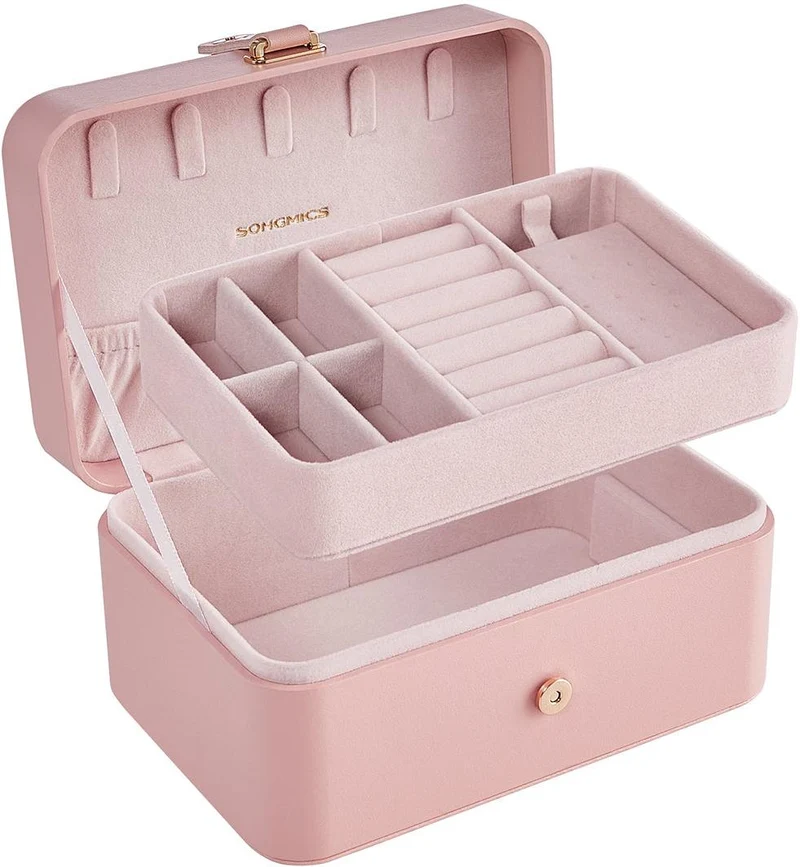 Boîte à bijoux de voyage portable 11 x 16 x 8 cm 2 niveaux rangement pratique design épuré en plastique rose bonbon 12_0011919