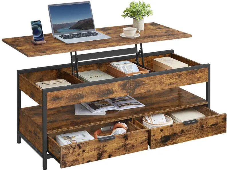 Table basse rectangulaire avec plateau relevable et rangement ouvert 50 x 120 x 63 cm style moderne en bois marron 12_0011694