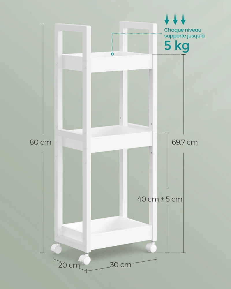 Chariot de rangement étagère mince salle de bain gain de place 20 x 30 x 80 cm en MDF blanc 12_0011436