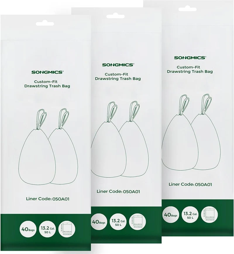 Lot de 80 sacs poubelle avec cordon de serrage 59 x 74 cm capacité 50L usage cuisine en plastique blanc 12_0010956