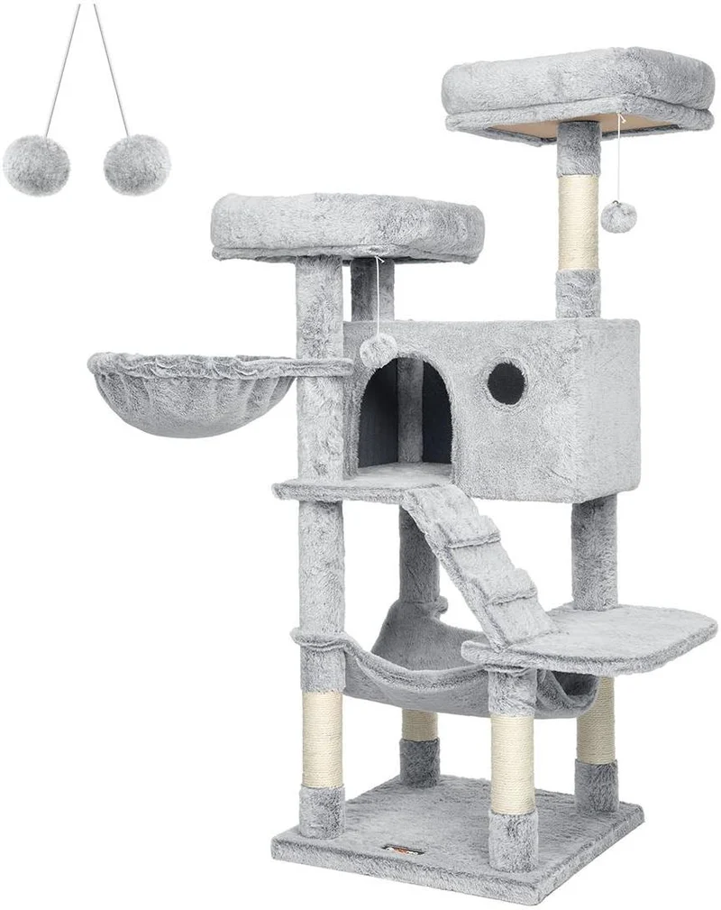 Arbre à chat tour de jeux grand avec niche et hamac 49 x 49 x 135 cm en panneau d'aggloméré gris bleuâtre 12_0010300