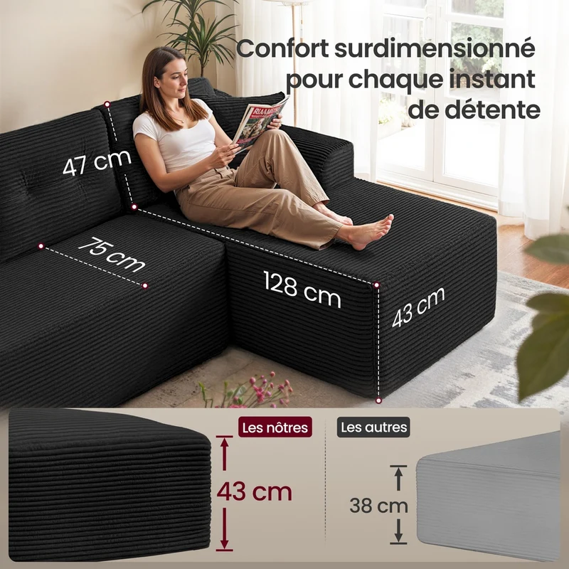 Canapé d'angle modulable 150 x 244 x 73 cm avec grande méridienne confortable style moderne en velours noir 12_0012196