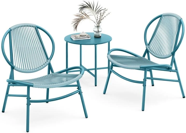 Ensemble de mobilier de jardin 50 x 45 cm pour balcon 3 pièces avec chaises ergonomiques design moderne en PE bleu lac 12_0011352