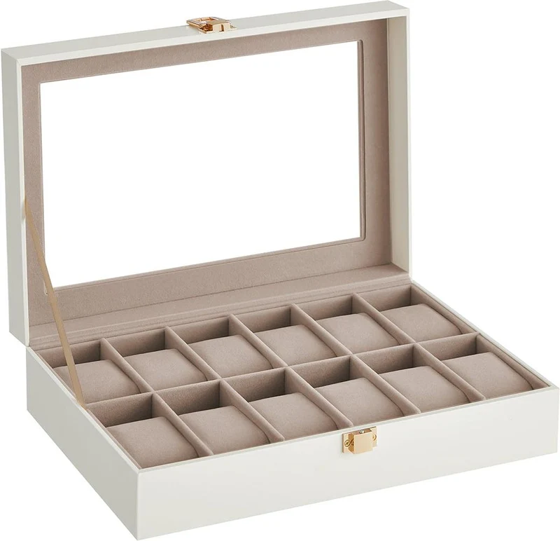 Boîte à montres 12 emplacements avec couvercle en verre coussinets amovibles 20,2 x 30,2 x 7,8 cm en MDF blanc 12_0011299