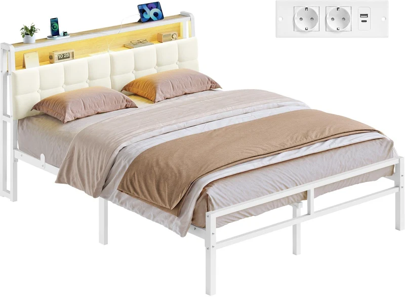 Lit 90 x 190 cm avec tête de lit éclairage LED et étagère style contemporain chambre en métal noir 12_0013060