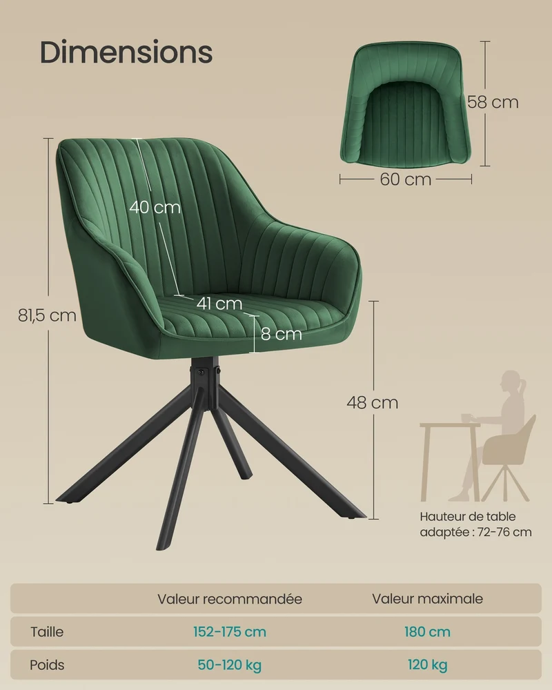 Chaise de salle à manger pivotante ergonomique 58 x 60 x 81,5 cm design moderne en velours vert 12_0012947