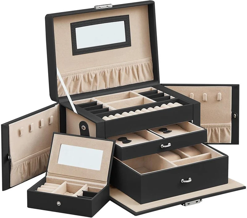 Coffret à bijoux avec miroir et 2 tiroirs rangement 25,5 x 18,5 x 17 cm design moderne élégant en MDF noir 12_0008909