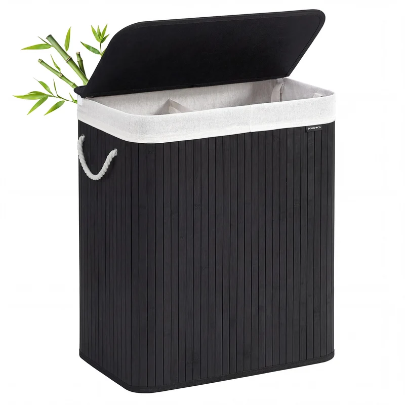 Panier à linge pliable 54 x 34 x 61 cm avec 2 compartiments pour buanderie ambiance naturelle en bambou noir 12_0008132