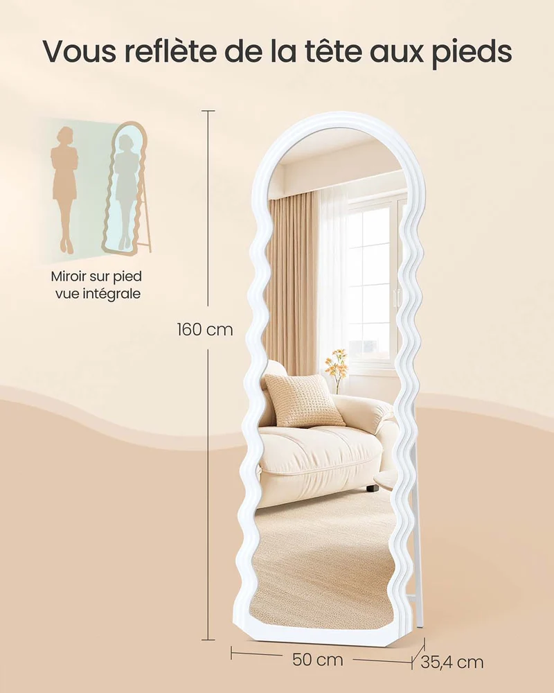 Miroir sur pied pleine longueur design moderne 160 x 50 cm avec support ondulé pour chambre salon entrée en MDF blanc 12_0012699