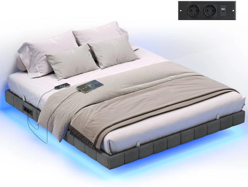 Lit flottant 200 x 160 x 26 cm avec éclairage LED et capitonnage doux ambiance moderne en tissu polyester gris ardoise 12_0012686