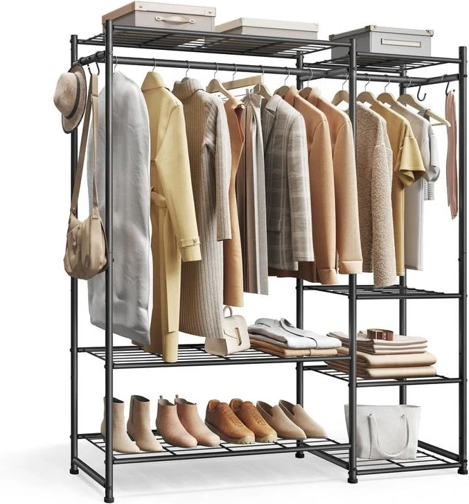 Portant à vêtements ouvert avec 7 étagères 30 x 124,8 x 157,1 cm pratique moderne pour chambre salon entrée en acier noir 12_0012509