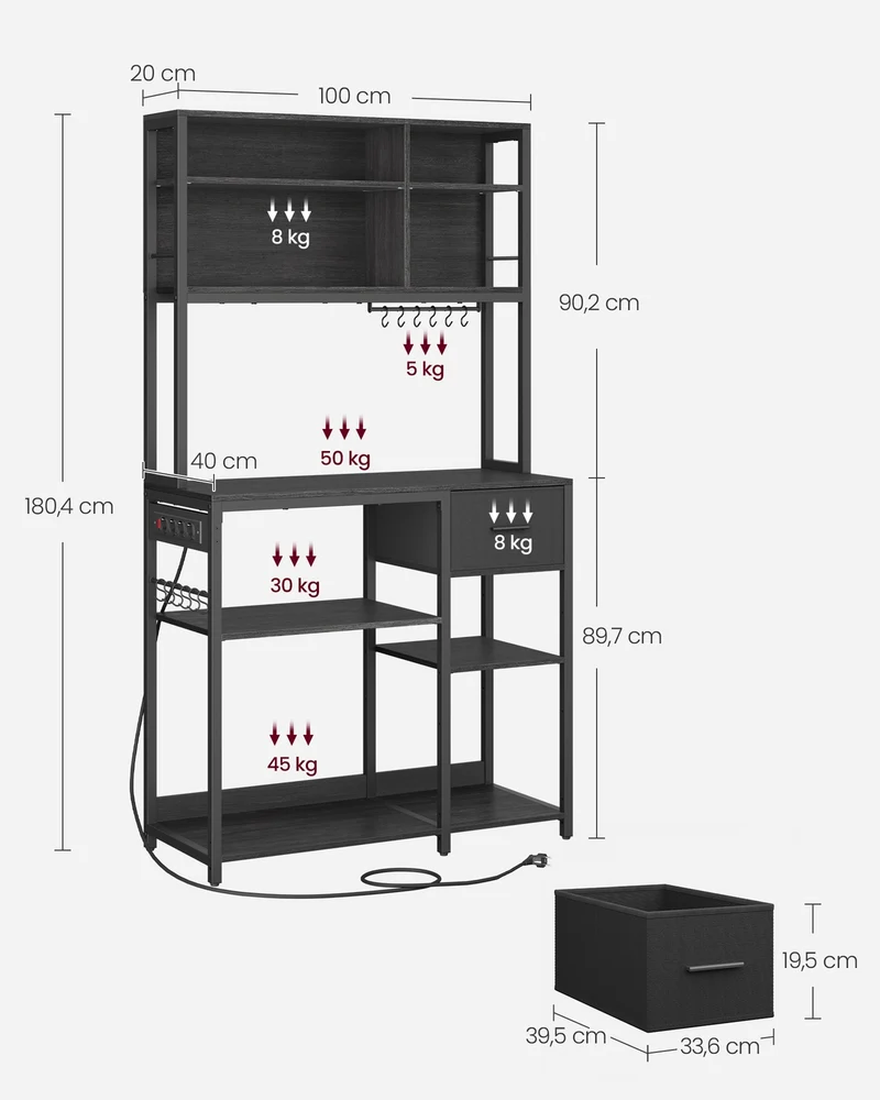 Étagère de cuisine moderne avec multiprise et 12 crochets réglables 40 x 100 x 180,4 cm en aggloméré gris anthracite 12_0012407