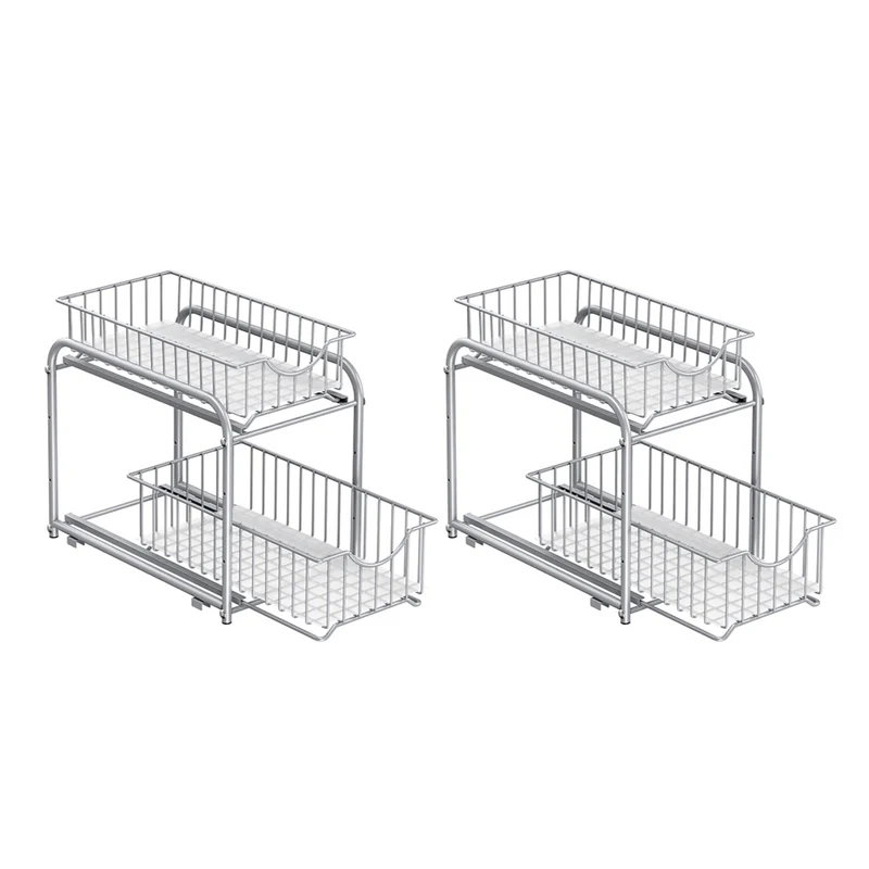Organiseur de cuisine étagère sous évier 2 paniers coulissants empilable pour rangement dans placard sous lavabo avec tiroirs pour cuisine salle de bain argent 12_0006640