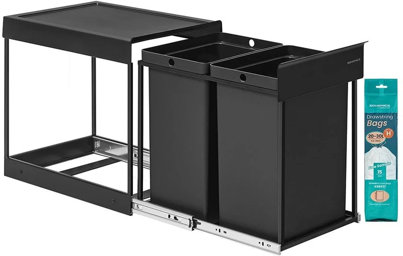 Poubelle de tri sélectif extractible coulissante 48,6 x 32,4 x 44 cm 2 seaux 20 L en acier noir d'encre 12_0013044