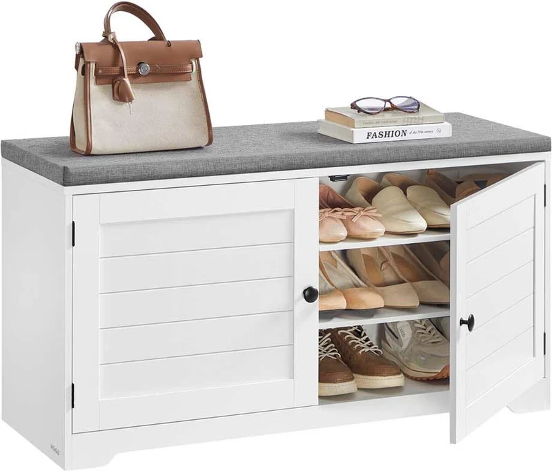 Banc à chaussures design moderne 35,5 x 101 x 52,5 cm avec coussin confortable pour entrée chambre en MDF blanc 12_0012453