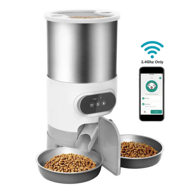 Distributeur de nourriture intelligent pour chat avec deux bols en acier inoxydable