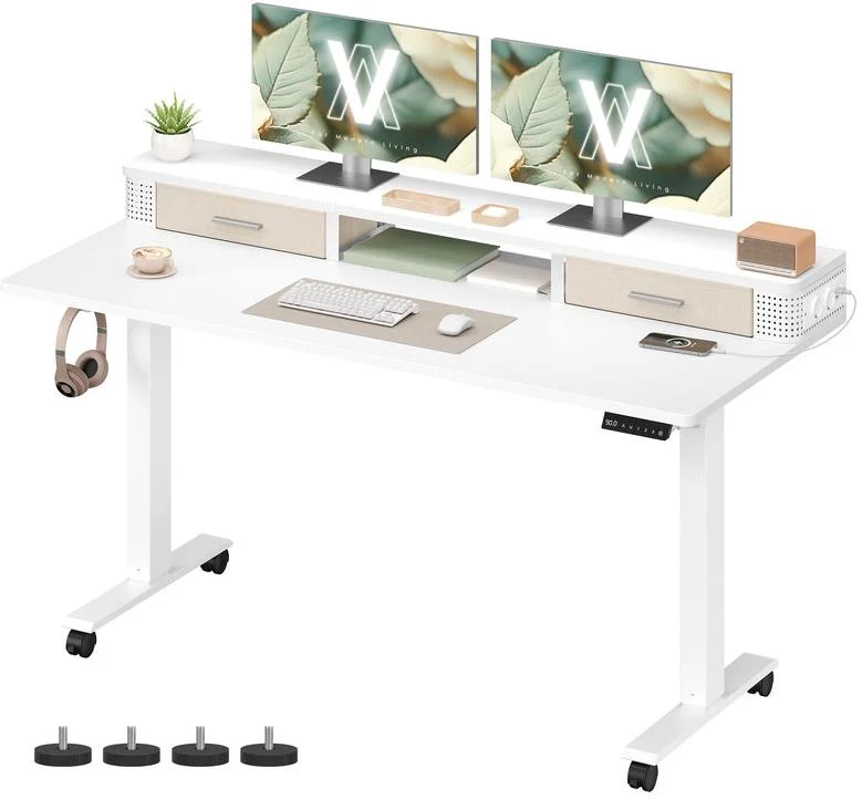 Bureau assis-debout réglable en hauteur 140 x 60 x 120 cm support pour écran finition moderne en aggloméré blanc 12_0011250