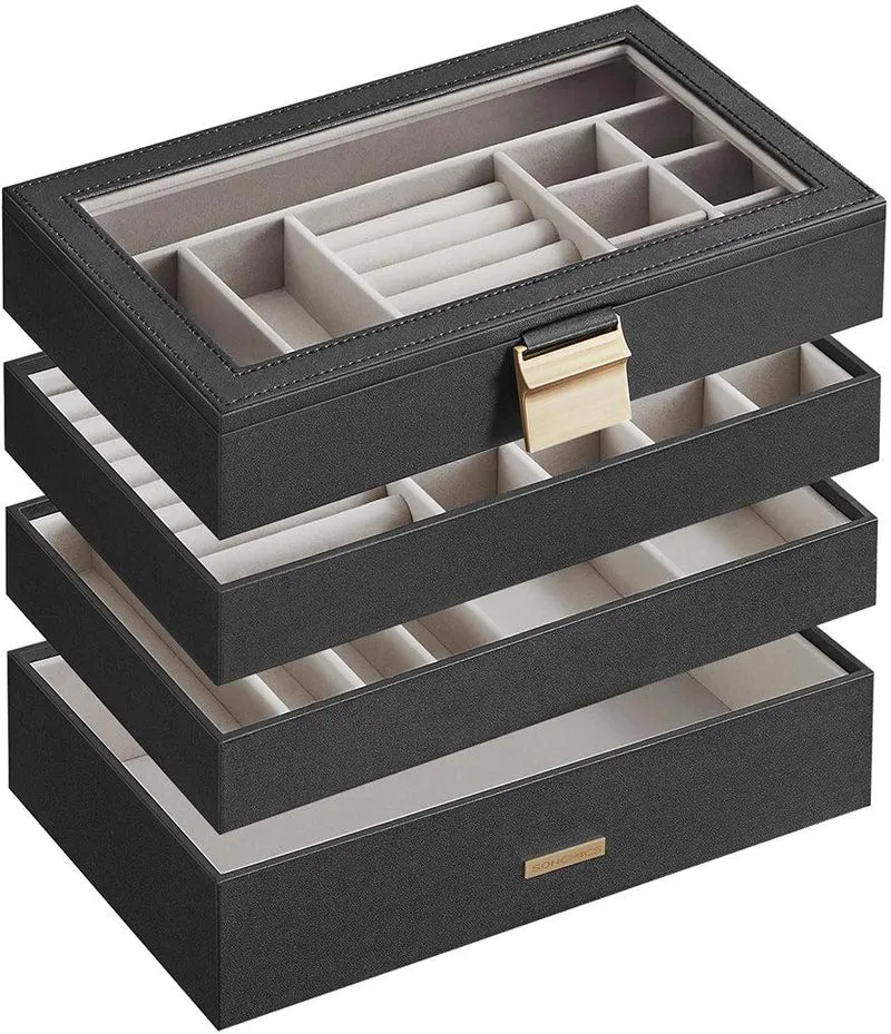 Boîte à bijoux avec 4 plateaux empilables pratique pour tiroir coiffeuse 17 x 28 x 18,3 cm en MDF noir 12_0010589