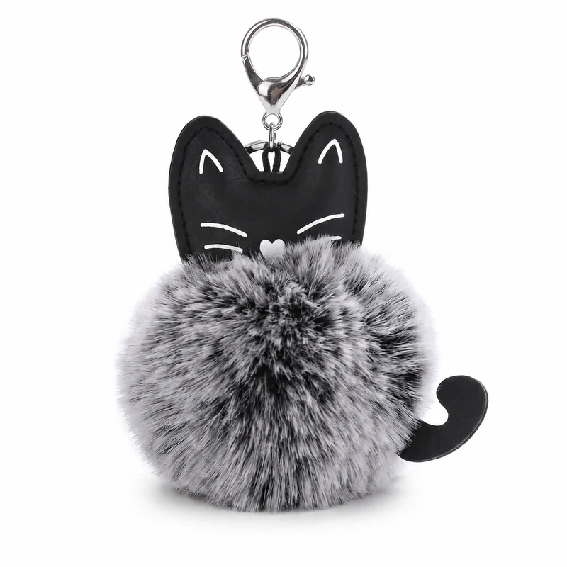 Porte-clés mignon en forme de chat avec boule de fourrure