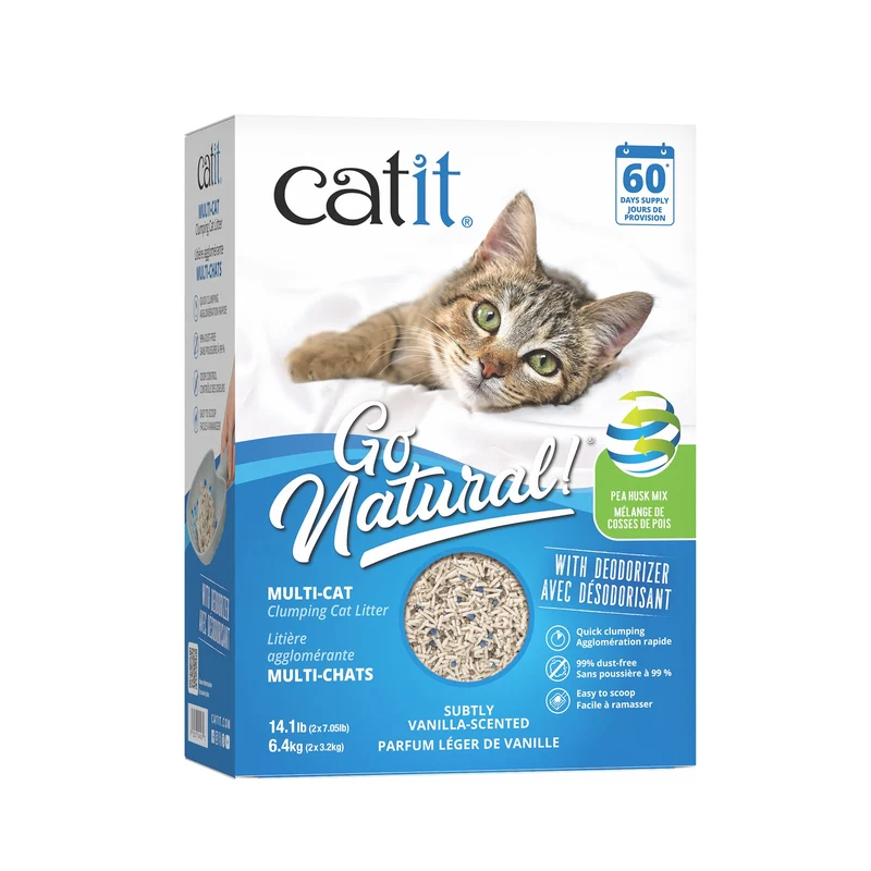 Litière agglomérante Catit Go Natural! Multi-chats à base de cosses de pois, vanille, boîte de 6,4 kg (14,1 lbs)