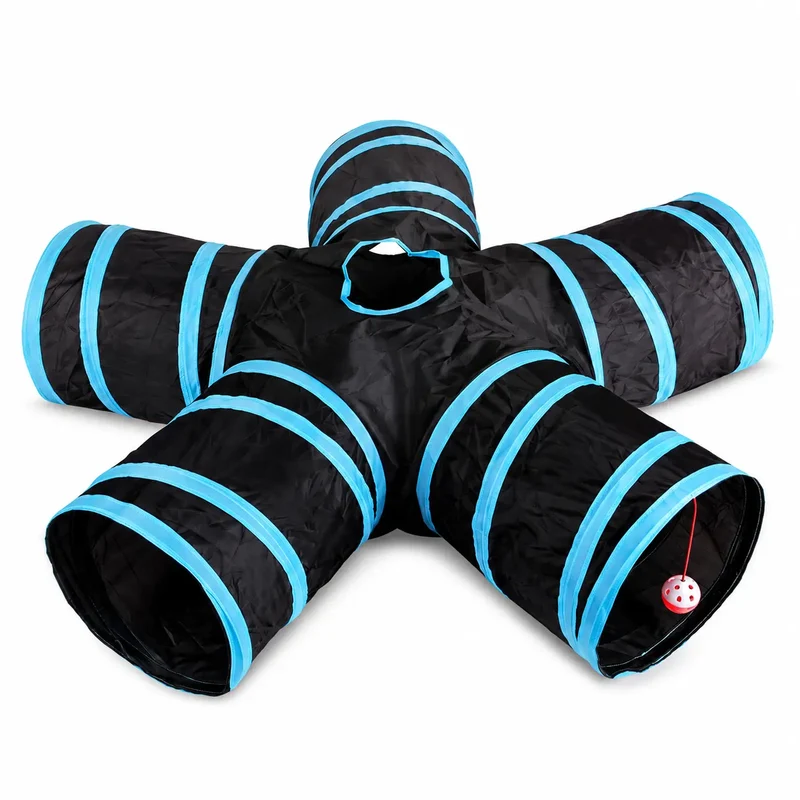 Tunnel de jeu pliable bleu et noir en forme d'étoile à cinq entrées pour chat