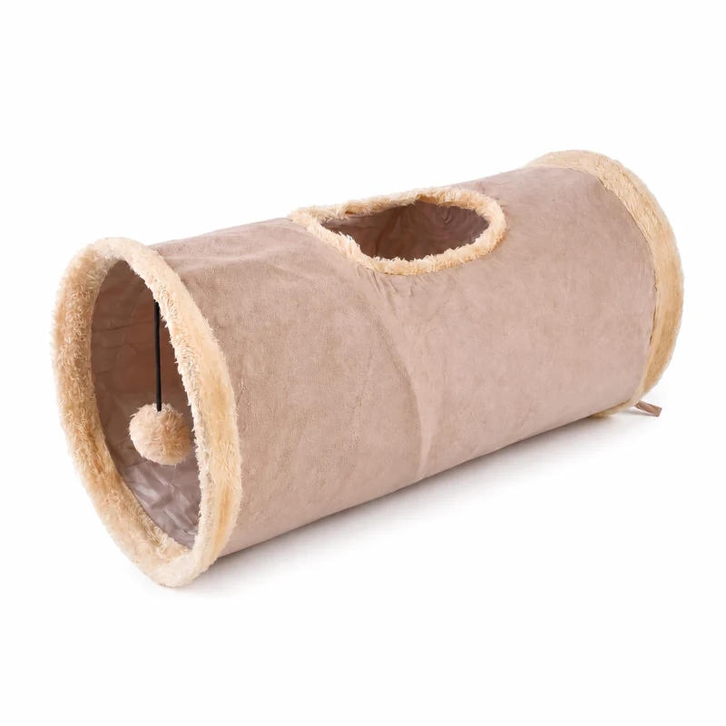 Tunnel de jeu pliable avec pompon en tissu suédé pour chat