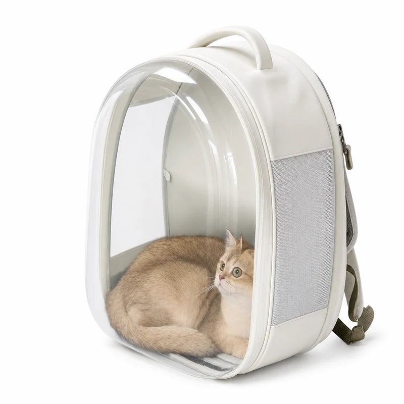 Sac à dos de transport pliable blanc en cuir avec un côté transparent pour chat